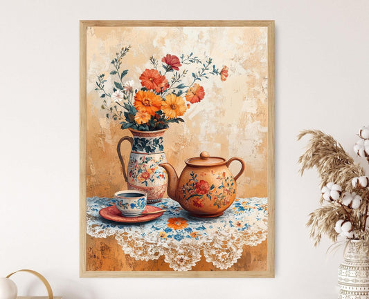 Affiche Scène de Thé Arménien – Poster Pot en Argile et Nappe en Dentelle