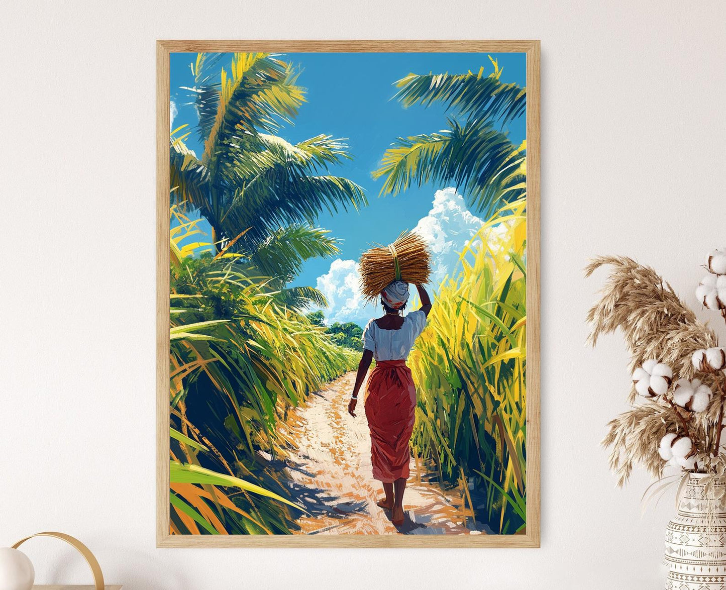 Affiche Femme Barbadienne avec Canne à Sucre – Illustration Tropicale