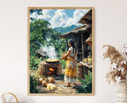 Affiche Femme Paraguayenne Cuisinant Chipa – Art de Four Extérieur Rustic
