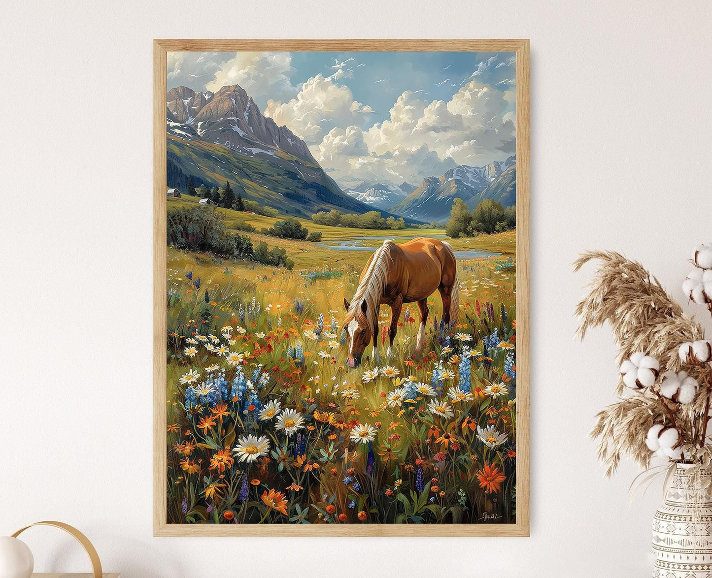 Affiche Cheval Islandais – Poster Art Nordique, Prairie et Fleurs Sauvages