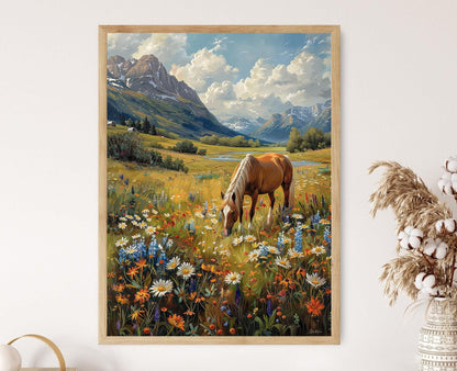 Affiche Cheval Islandais – Poster Art Nordique, Prairie et Fleurs Sauvages