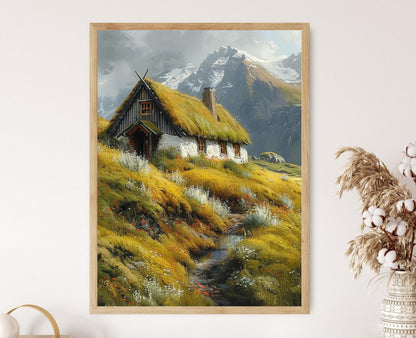 Affiche Maison de Tourbe Islandaise – Poster Paysage de Collines et Montagnes