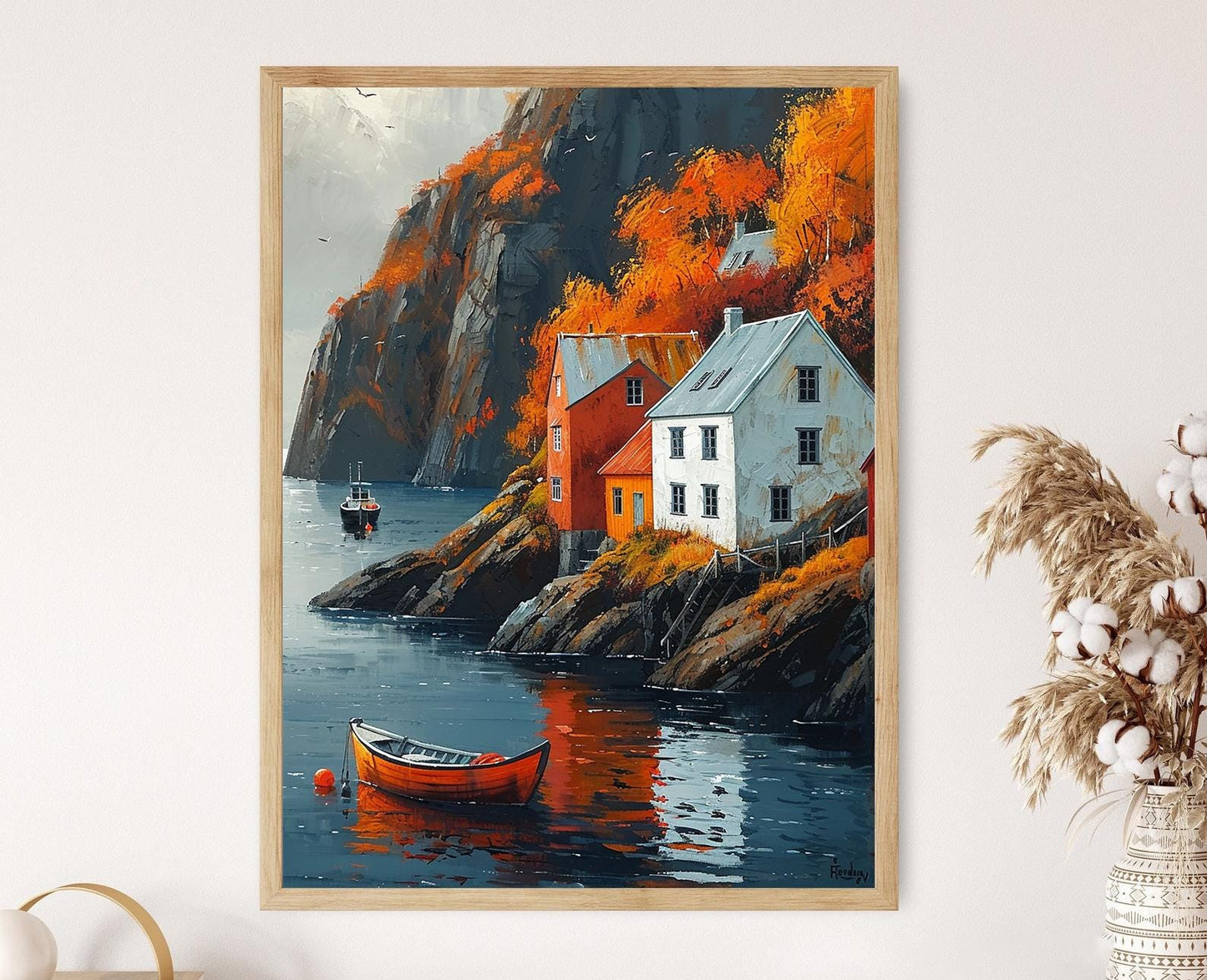 Affiche Village côtier islandais – Poster peinture automnale vibrante