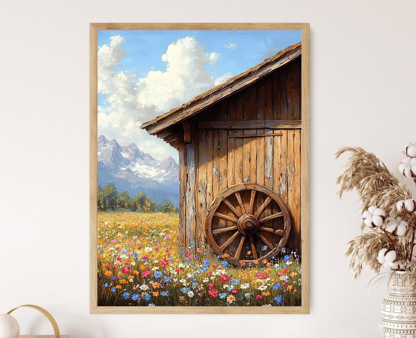 Affiche Ferme Péruvienne – Imprimerie Roue de Chariot avec Fleurs Sauvages