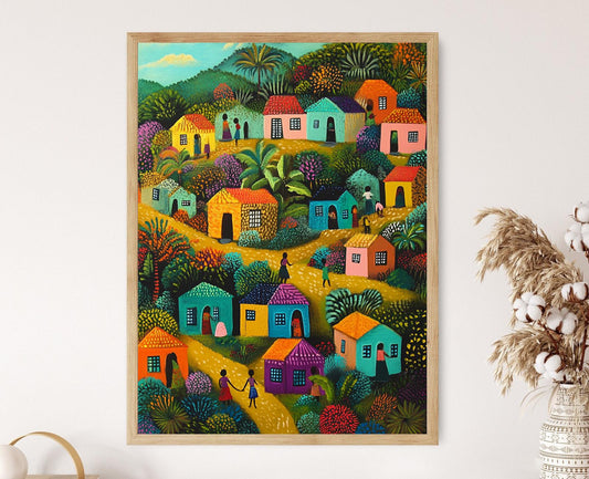 Affiche Village Haïtien – Poster Art Naïve avec Maisons Colorées