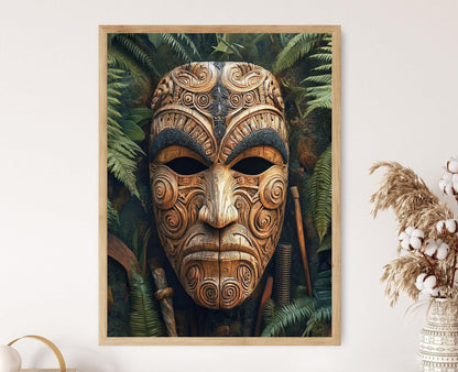Affiche Masque Maori Sculpté – Poster Art de la Culture Néo-Zélandaise