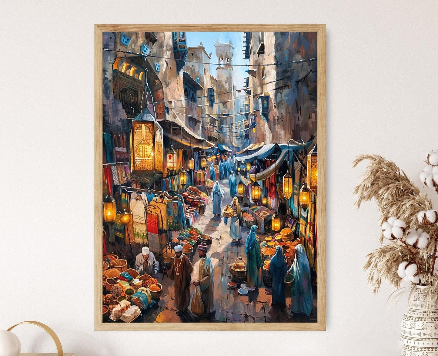 Affiche Souk Marocain – Poster Marché Vibrant de Spices et Lanternes