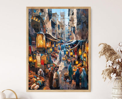 Affiche Souk Marocain – Poster Marché Vibrant de Spices et Lanternes