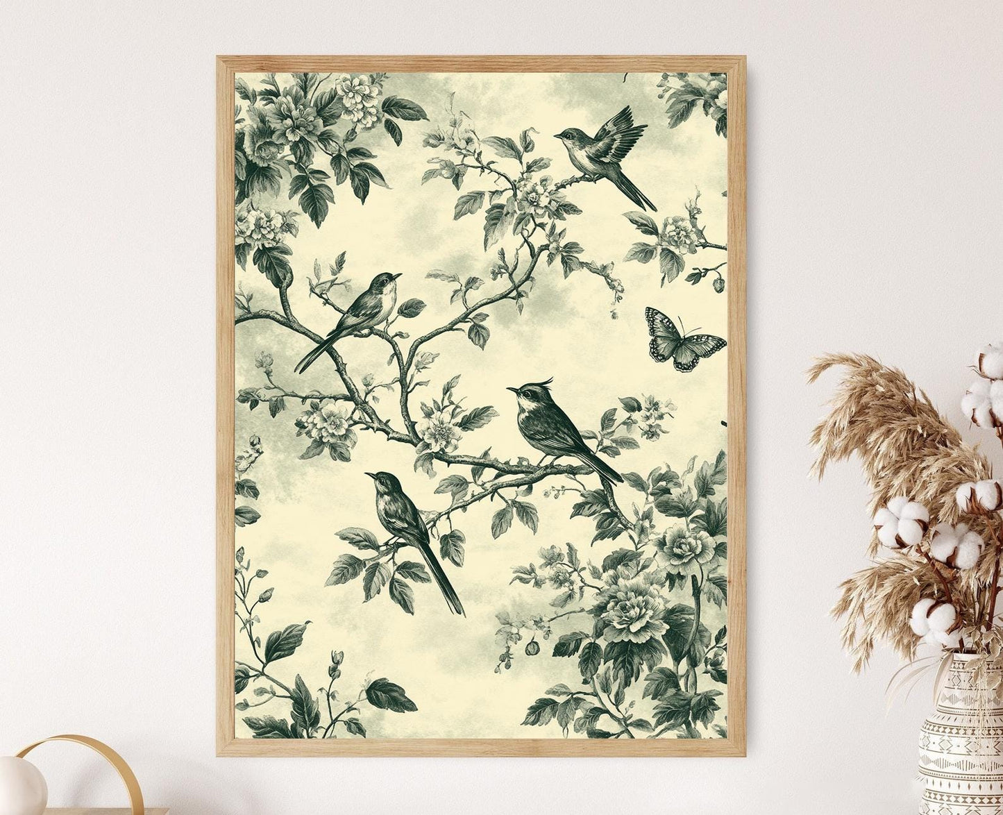 Affiche Botanique – Poster Vintage de Oiseaux et Fleurs en Toile de Jouy