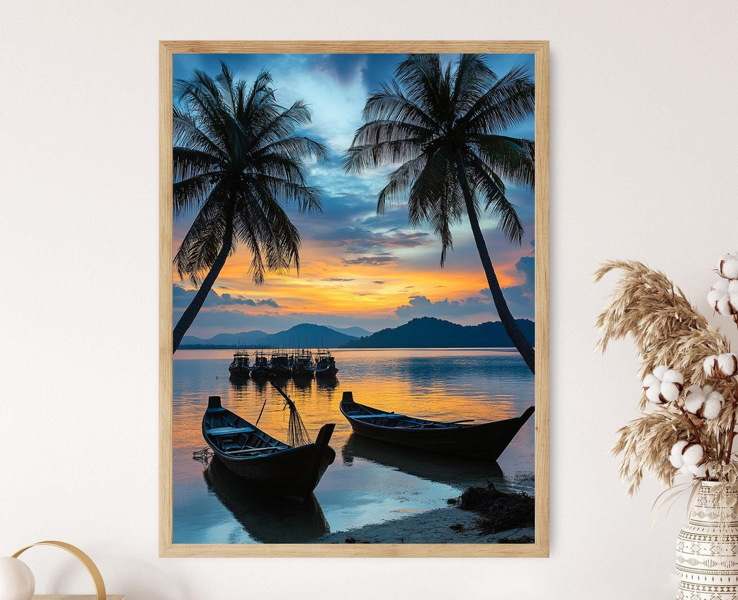 Affiche Langkawi – Impression artistique de coucher de soleil avec bateaux de pêche