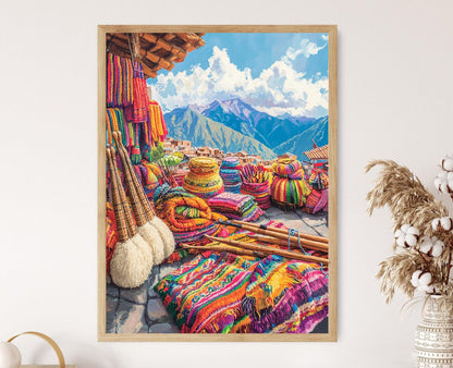 Affiche Marché Bolivien – Poster de Laine de Lama et Flûtes Andines