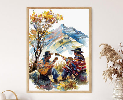 Affiche Art Populaire Bolivien – Clipart Aquarelle Musiciens Andins