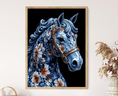 Affiche Cheval Floral Bleu – Art Équestre Inspiré de la Céramique