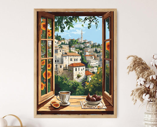 Affiche Fenêtre en Bois de Ramallah – Art Print avec Vue sur les Collines