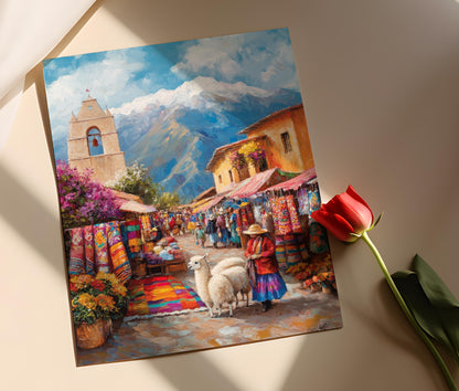 Affiche Marché Péruvien – Poster Textiles Colorés & Laine d'Alpaga