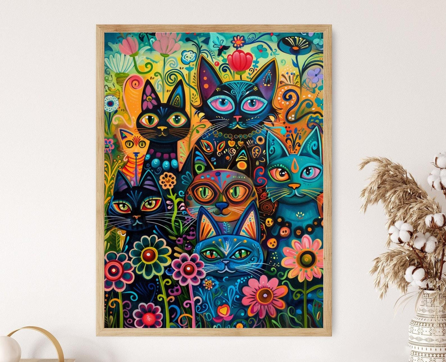 Affiche Chats Fantaisistes – Peinture Vibrante Inspirée de Louis Wain