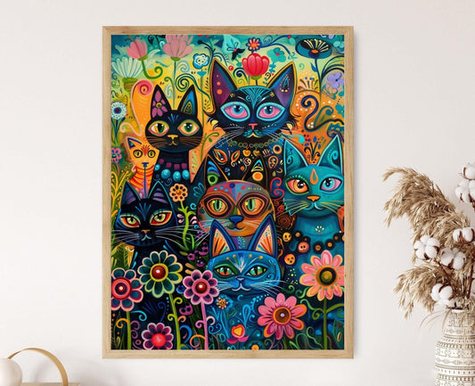 Affiche Chats Fantaisistes – Peinture Vibrante Inspirée de Louis Wain