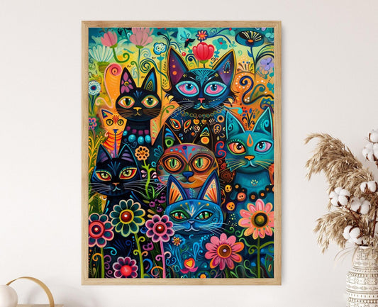 Affiche Chats Fantaisistes à la Fête – Peinture Éclatante Inspirée de Louis Wain