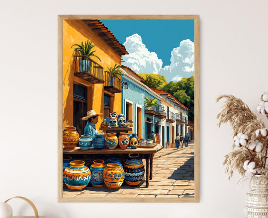 Affiche Léon – Illustration de vendeur de rue et masques traditionnels