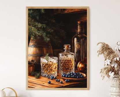 Affiche Gin Néerlandais – Impression d'art avec verres tulipe et baies de genièvre