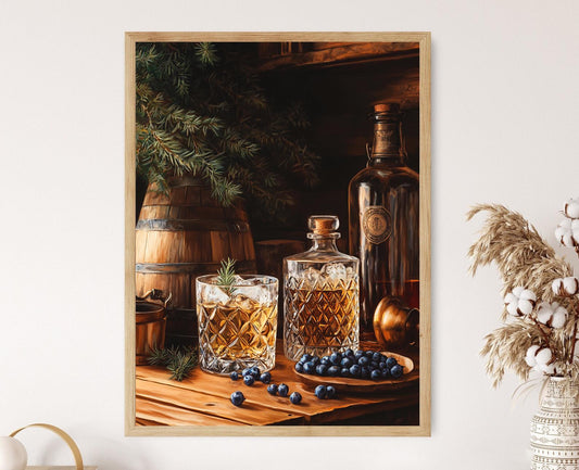 Affiche Gin Néerlandais – Impression d'art avec verres tulipe et baies de genièvre