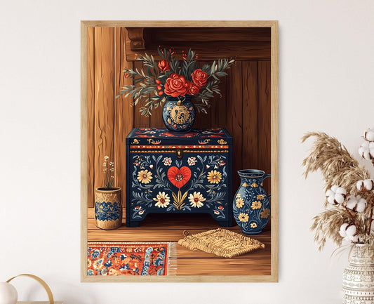 Affiche Matyó – Poster Art Floral Hongrois en Bois Traditionnel