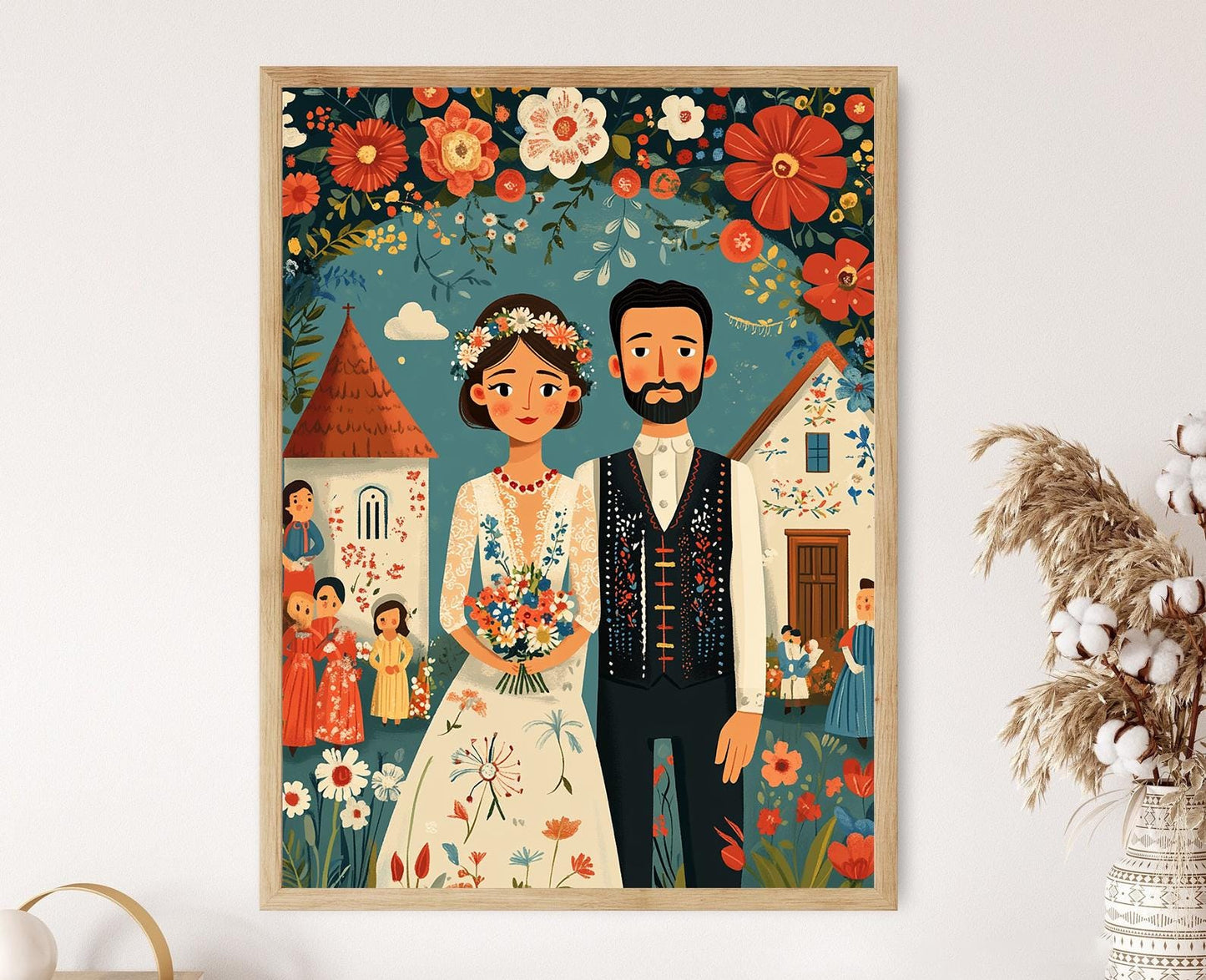 Affiche Mariage Matyó – Poster Scène Traditionnelle en Broderie Hongroise