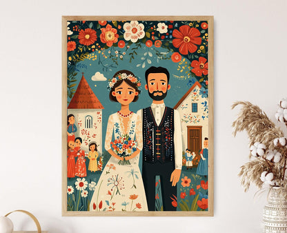 Affiche Mariage Matyó – Poster Scène Traditionnelle en Broderie Hongroise