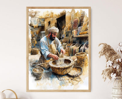 Affiche Artisanat Irakien – Poster Scène de Tissage de Panier Traditionnel