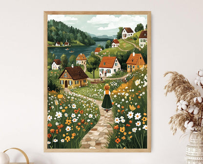 Affiche Village Kashubien – Poster Art Populaire Polonaise, Paysage Lacustre