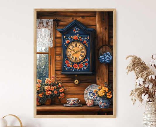 Affiche Florale Kashoube – Poster Art avec Horloge en Bois Traditionnelle