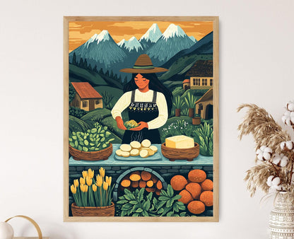 Affiche Équateur – Illustration Femme Cuisinant des Llapingachos