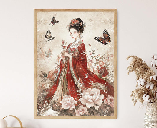 Affiche Impératrice Qing – Poster en soie avec pivoines et papillons