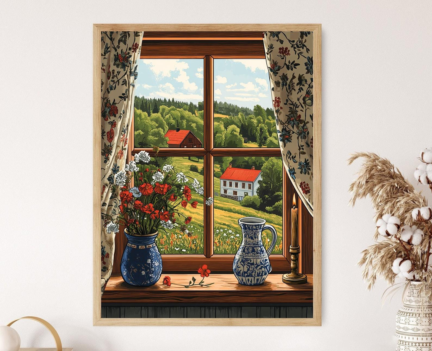 Affiche Cottage Suédois – Poster Fenêtre Illustrée avec Rideau Brodé