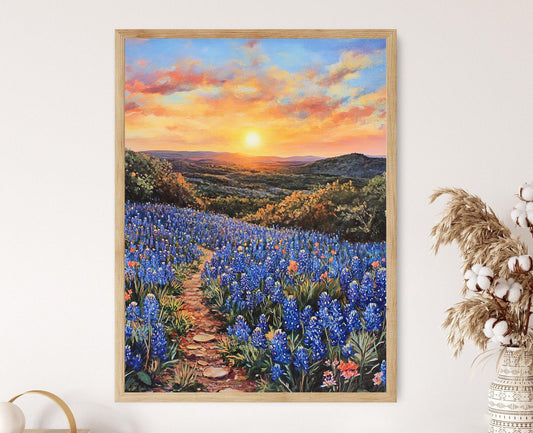 Affiche Champ de Bluebonnets du Texas – Poster Coucher de Soleil Floral