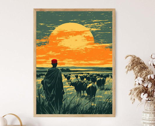 Affiche d'art sur l'élevage de bétail Fulani – Décor culturel africain