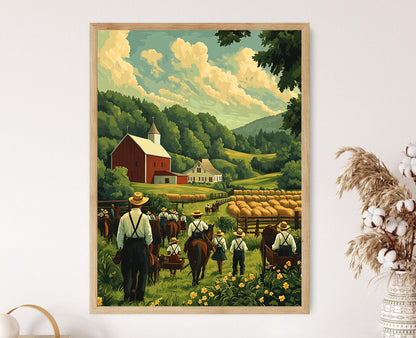 Affiche Ferme Amish – Illustration de Charrue à Chevaux en Agriculture