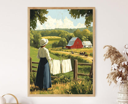 Affiche Jour de Lavage Amish – Illustration de Vie Rurale Paisible