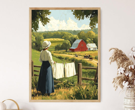 Affiche Jour de Lavage Amish – Illustration de Vie Rurale Paisible