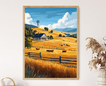 Affiche Maison de Ranch Montana – Impression Art Déco Paysage Rustique