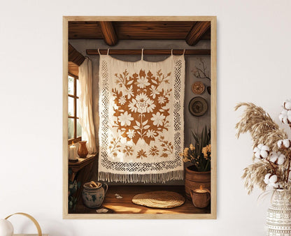 Affiche Folk danois – Poster Illustration murale brodée en textile traditionnel