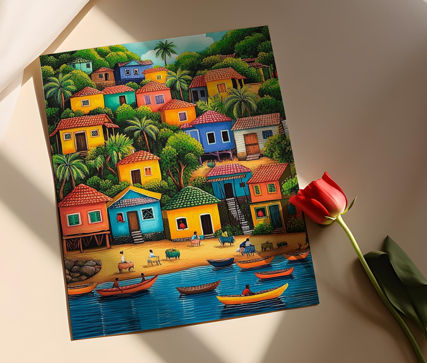 Affiche Art Naïf Haïtien – Poster Scène de Village de Pêche des Caraïbes