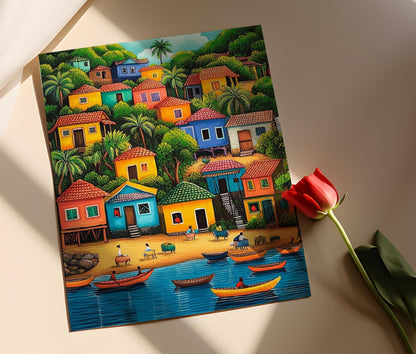 Affiche Art Naïf Haïtien – Poster Scène de Village de Pêche des Caraïbes