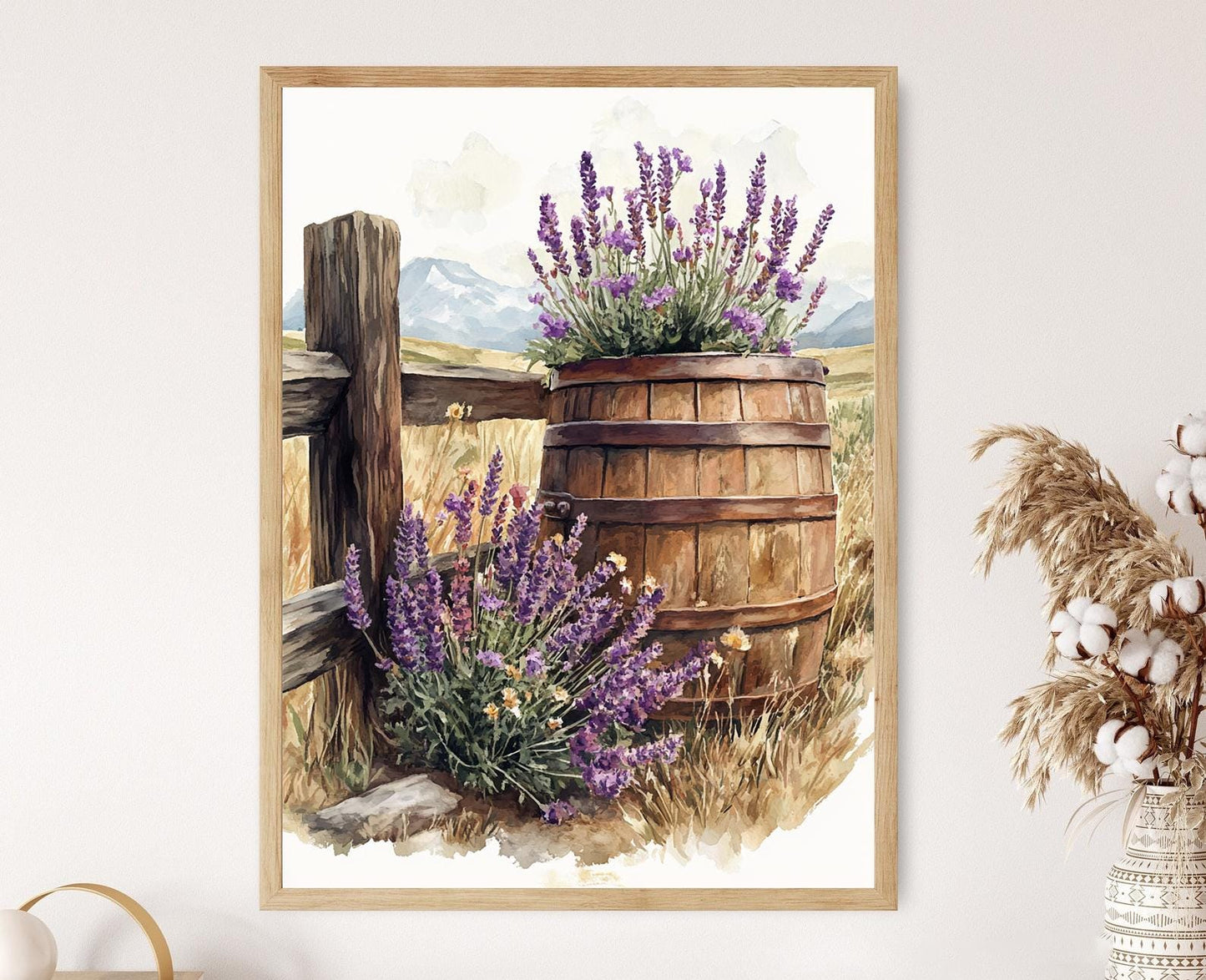 Affiche Décor Fermier Chilien – Impression d'Art de Baril Rustique avec Lavande