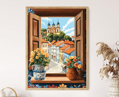 Affiche Timișoara – Illustration de fenêtre en bois, motifs folkloriques
