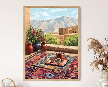 Affiche Kerman – Illustration de toit, tapis kilim et art en cuivre