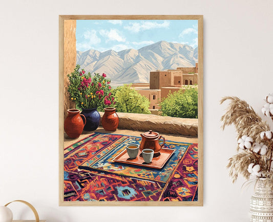 Affiche Kerman – Illustration de toit, tapis kilim et art en cuivre