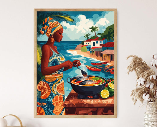Affiche Femme Sénégalaise Cuisinant Thieboudienne – Art Traditionnel Africain