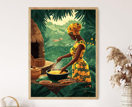 Affiche Femme Ghanéenne Cuisinant le Banku – Art de Cuisine Africaine