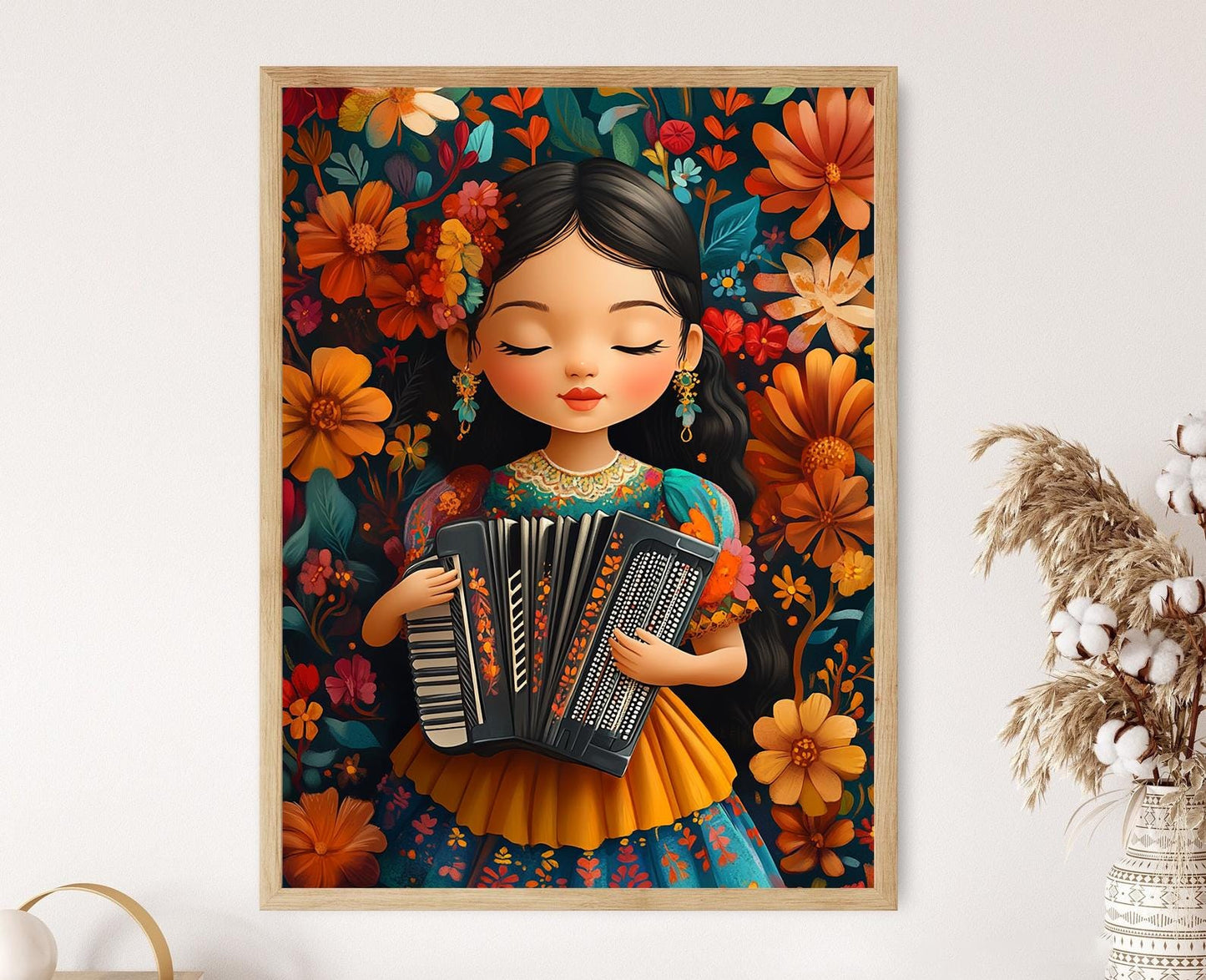 Affiche Musique Salvadorienne – Poster Art avec Accordéon et Costume Floral
